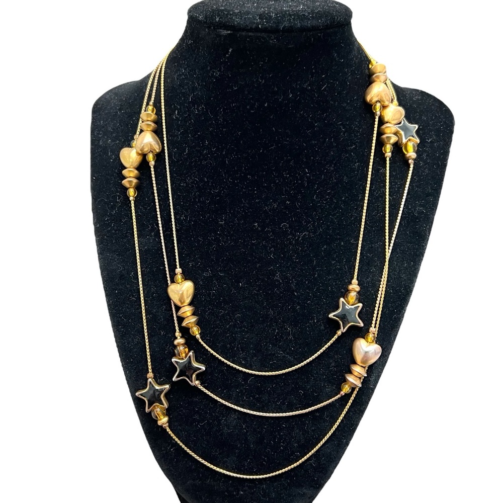VINTAGE GOLD TONE CHAIN W HEARTS, BLACK ENAMEL STARS & BEADS - 60"